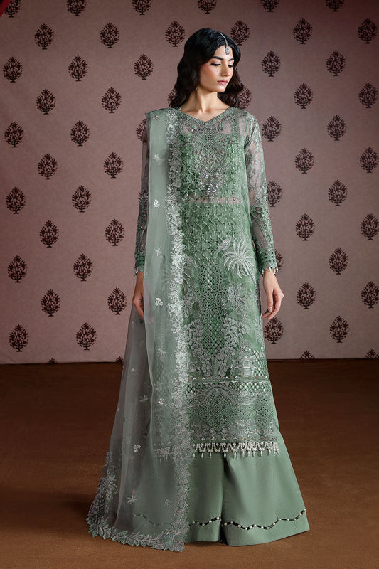 Mint Green Embroidered Organza 3-Piece Suit | Raw Silk Trouser & Organza Dupatta – Stitched Pakistani Formal Wear UK | Ramsha Festive E-301 - View 1