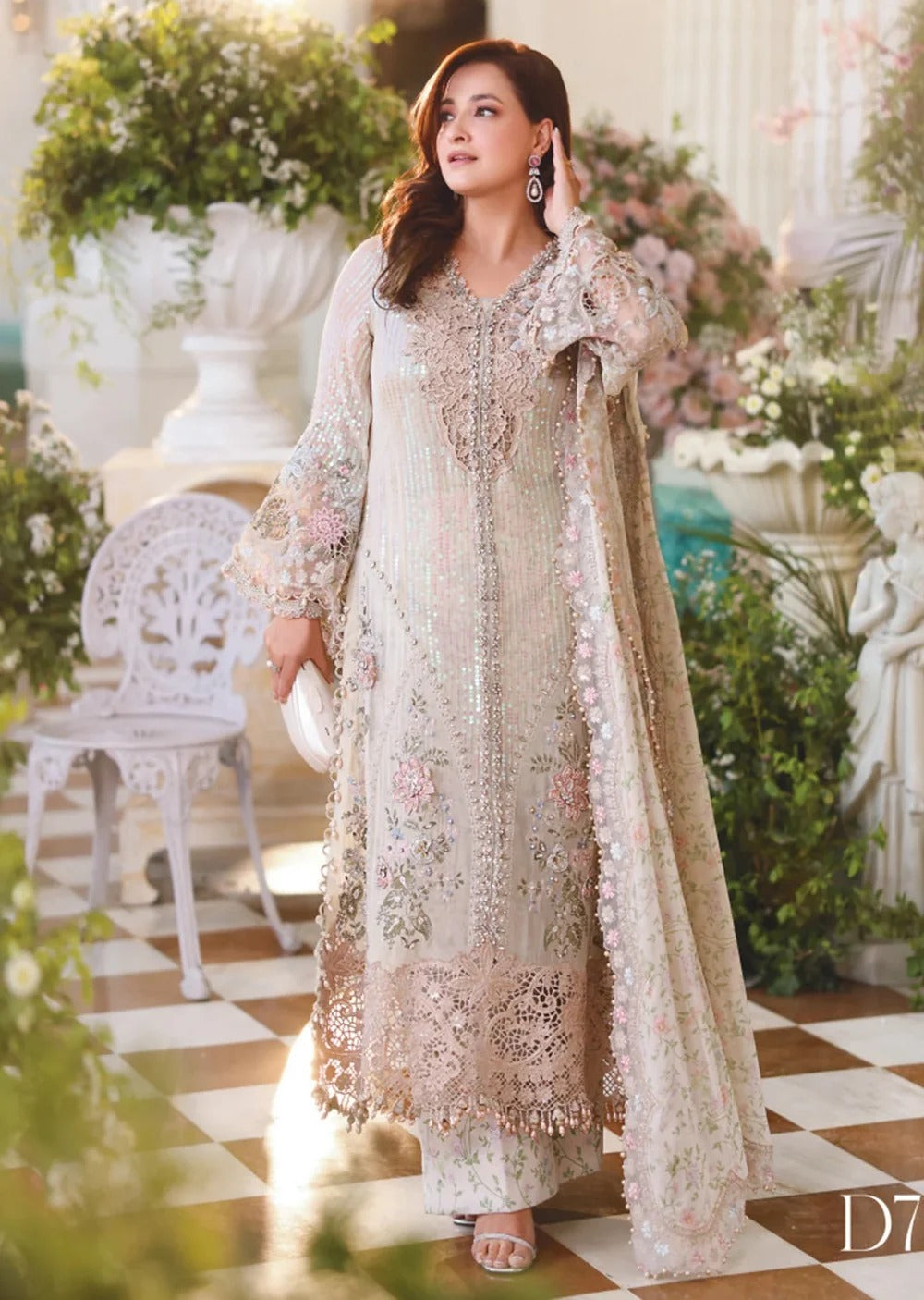 Maria B Inspired Off white Embroidered Chiffon Stitched/Ready to wear Suit – Luxury Pakistani Festive Formal Wear D-7