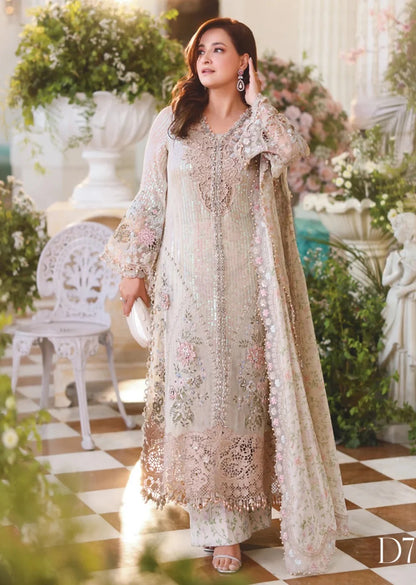 Maria B Inspired Off white Embroidered Chiffon Stitched/Ready to wear Suit – Luxury Pakistani Festive Formal Wear D-7