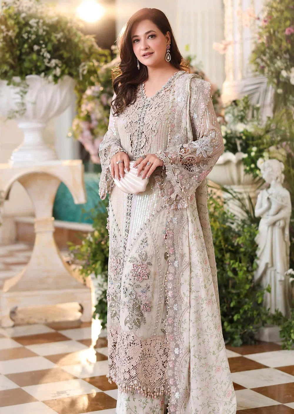 Maria B Inspired Off white Embroidered Chiffon Stitched/Ready to wear Suit – Luxury Pakistani Festive Formal Wear D-7