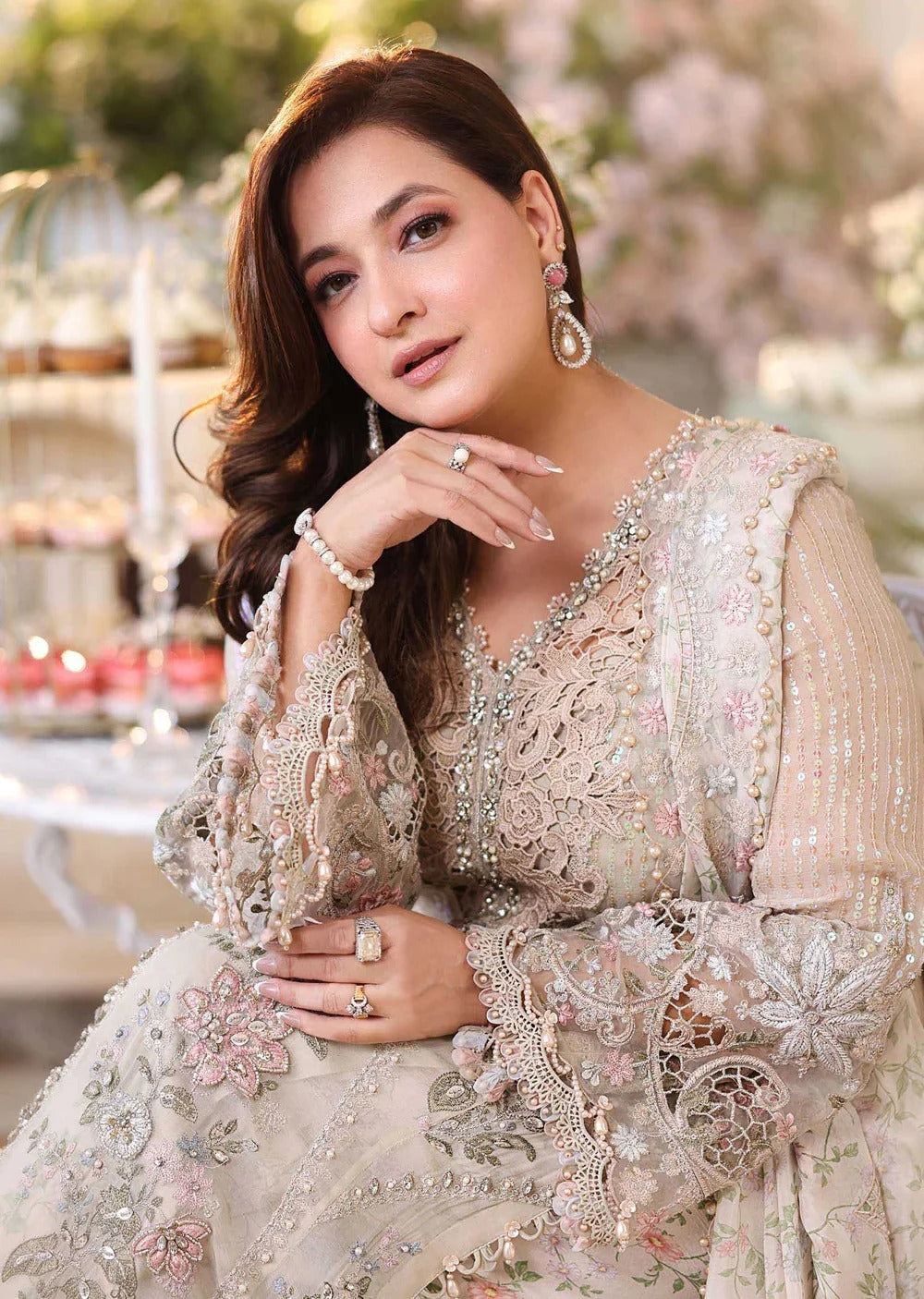 Maria B Inspired Off white Embroidered Chiffon Stitched/Ready to wear Suit – Luxury Pakistani Festive Formal Wear D-7