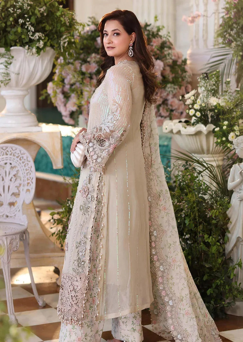 Maria B Inspired Off white Embroidered Chiffon Stitched/Ready to wear Suit – Luxury Pakistani Festive Formal Wear D-7 side view