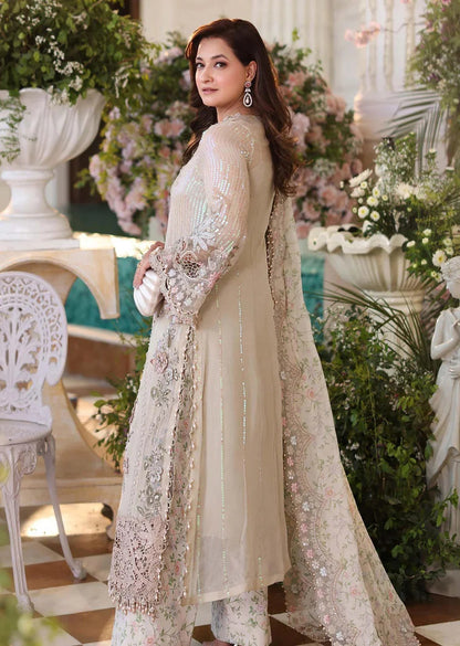 Maria B Inspired Off white Embroidered Chiffon Stitched/Ready to wear Suit – Luxury Pakistani Festive Formal Wear D-7 side view