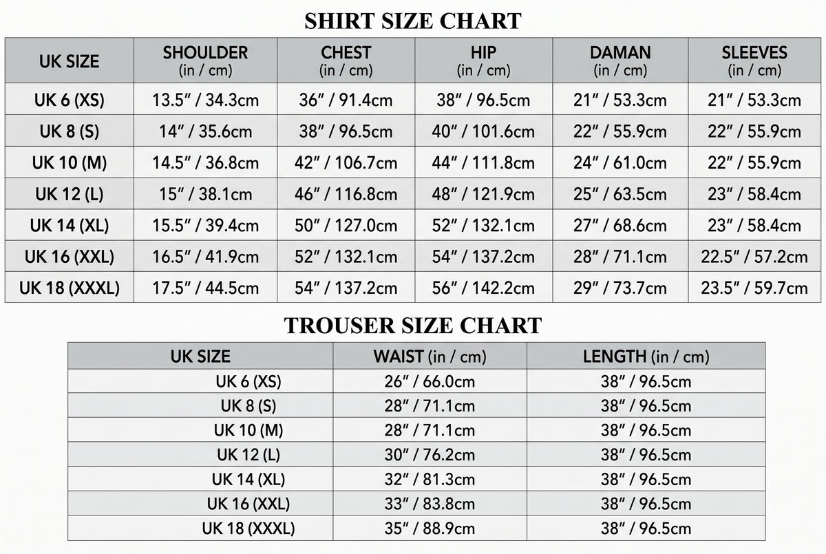 Munsal Attire size chart – UK sizes and measurements for stitched Pakistani suits