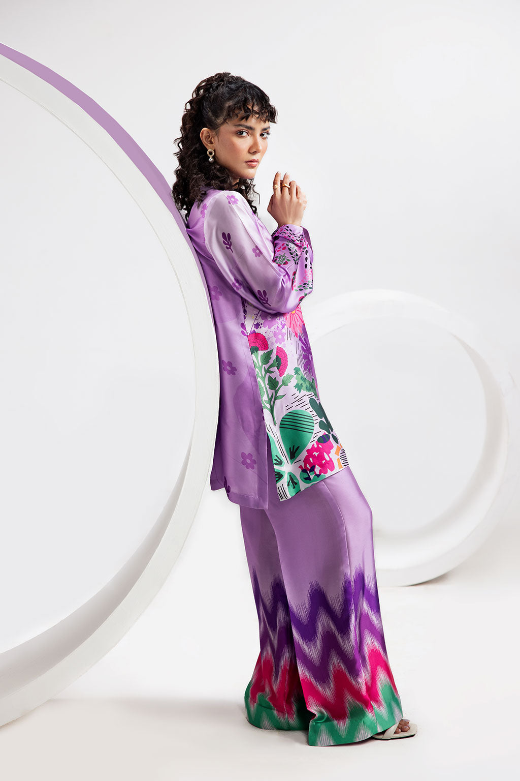 Lilac Digital Printed Silk 2-Piece Co-ord Set | Shirt & Straight Pants – Stitched Pakistani Casual Chic UK | AP-107 - View 2