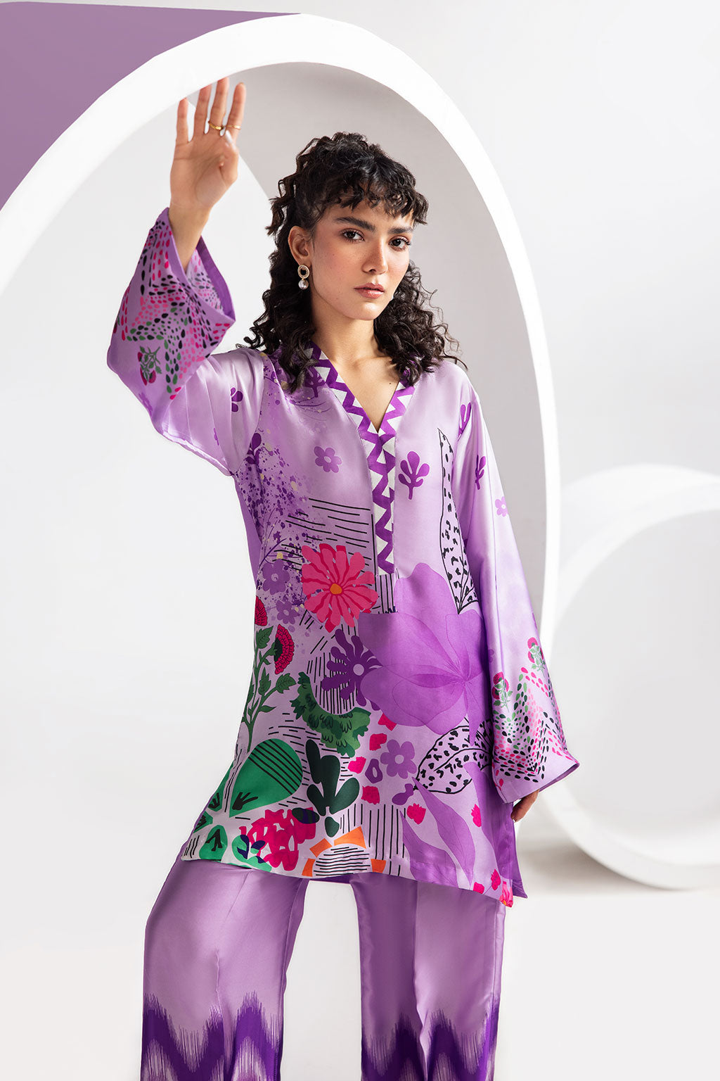 Lilac Digital Printed Silk 2-Piece Co-ord Set | Shirt & Straight Pants – Stitched Pakistani Casual Chic UK | AP-107 - View 3
