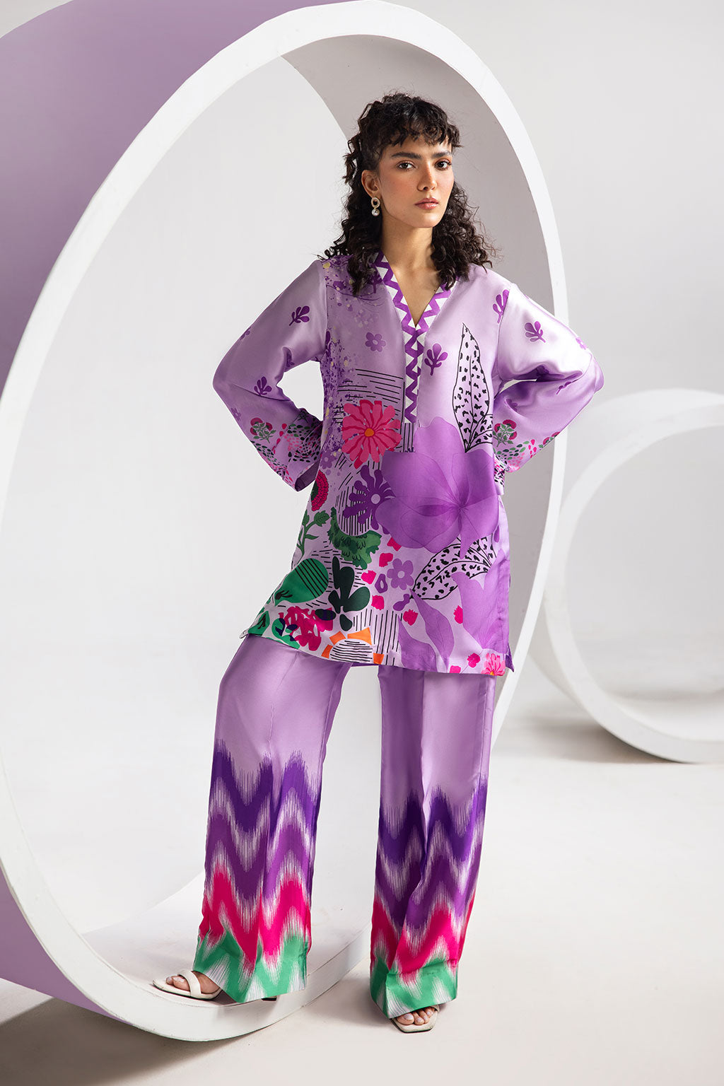Lilac Digital Printed Silk 2-Piece Co-ord Set | Shirt & Straight Pants – Stitched Pakistani Casual Chic UK | AP-107 - View 1