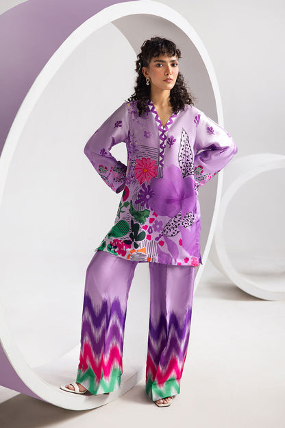 Lilac Digital Printed Silk 2-Piece Co-ord Set | Shirt & Straight Pants – Stitched Pakistani Casual Chic UK | AP-107 - View 1