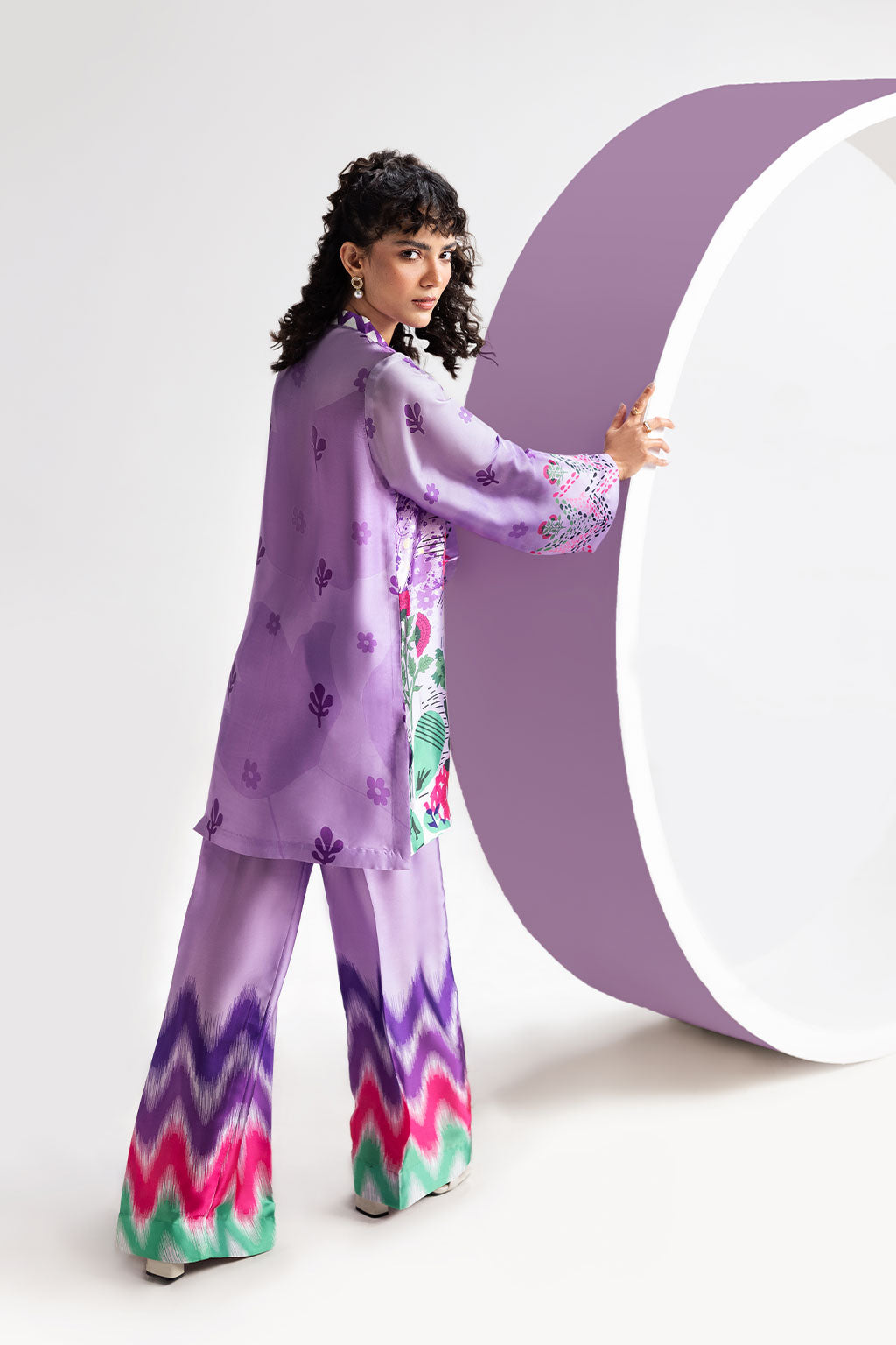 Lilac Digital Printed Silk 2-Piece Co-ord Set | Shirt & Straight Pants – Stitched Pakistani Casual Chic UK | AP-107 - View 5