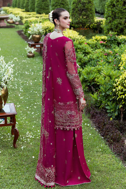 Deep Pink Embroidered Organza Short Kameez Suit | Wide Leg Raw Silk Trouser & Embellished Dupatta – Stitched Pakistani Partywear UK | Mehfil SF-03 (Maher) - View 2