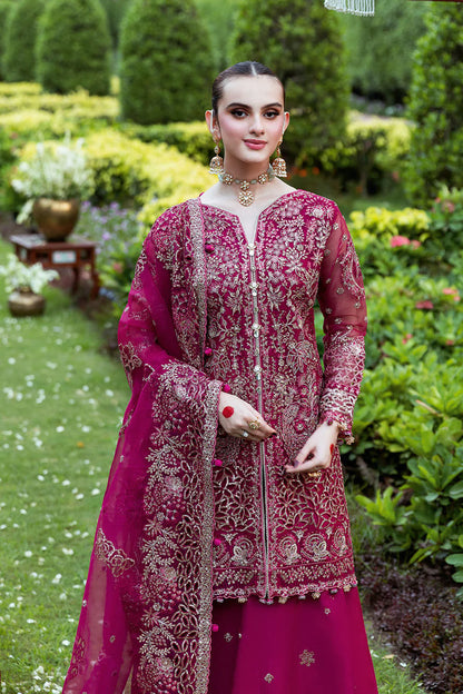 Deep Pink Embroidered Organza Short Kameez Suit | Wide Leg Raw Silk Trouser & Embellished Dupatta – Stitched Pakistani Partywear UK | Mehfil SF-03 (Maher) - View 3