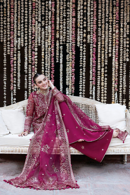 Deep Pink Embroidered Organza Short Kameez Suit | Wide Leg Raw Silk Trouser & Embellished Dupatta – Stitched Pakistani Partywear UK | Mehfil SF-03 (Maher) - View 4