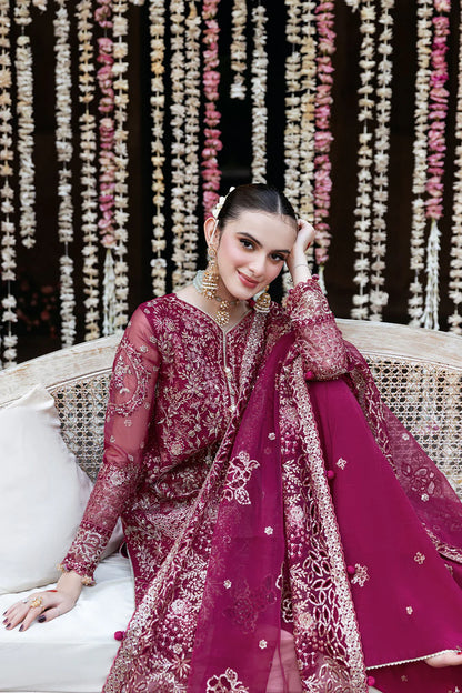 Deep Pink Embroidered Organza Short Kameez Suit | Wide Leg Raw Silk Trouser & Embellished Dupatta – Stitched Pakistani Partywear UK | Mehfil SF-03 (Maher) - View 5