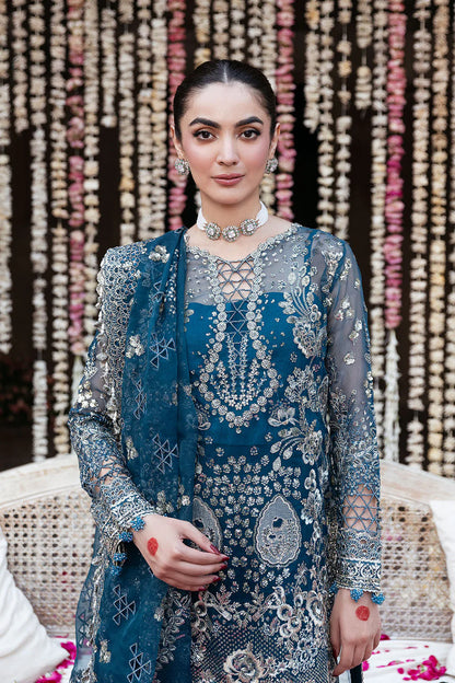 Zinc Blue Embroidered Organza Short Kameez Suit | Wide Leg Raw Silk Trouser & Dupatta – Readymade Pakistani Formal Dress UK | Mehfil SF-04 (Saahil) - View 4