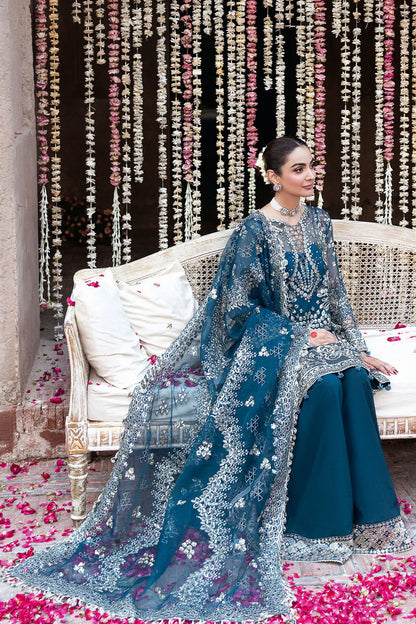 Zinc Blue Embroidered Organza Short Kameez Suit | Wide Leg Raw Silk Trouser & Dupatta – Readymade Pakistani Formal Dress UK | Mehfil SF-04 (Saahil) - View 5