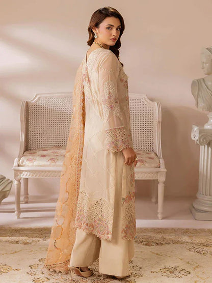 Beige Gold Hand-Embellished Embroidered Chiffon 3-Piece Suit | Net Dupatta & Raw Silk Trouser – Stitched Pakistani Formal Wear UK | Satrangi ST-102 - View 3