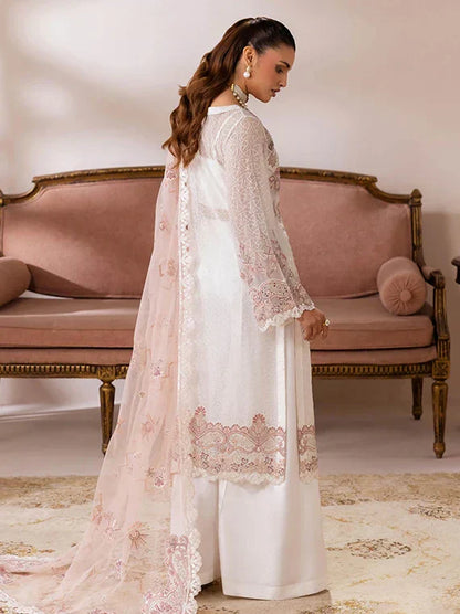 Ivory White Hand-Embellished Embroidered Chiffon 3-Piece Suit | Net Dupatta & Raw Silk Trouser – Readymade Pakistani Formal Wear UK | Satrangi ST-106 - View 3