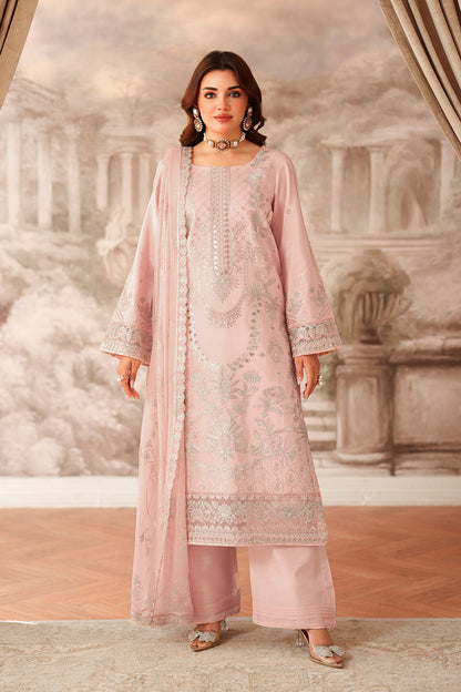 Baby Pink Embroidered Raw Silk 3-Piece Suit | Organza Lace & Chiffon Dupatta – Stitched Pakistani Semi-Formal Dress UK | Aangan AA-202 - View 2