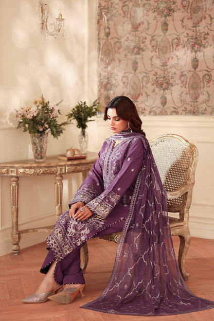 Lilac Mauve Embroidered Raw Silk 3-Piece Suit | Organza Border & Chiffon Dupatta – Ready to Wear Pakistani Semi-Formal Dress UK | Aangan AA-208 - View 3