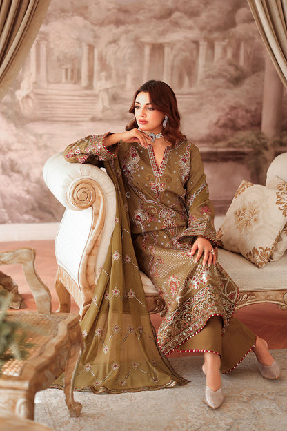 Olive Brown Embroidered Raw Silk 3-Piece Suit | Organza Border & Chiffon Dupatta – Readymade Pakistani Semi-Formal Dress UK | Aangan AA-210 - View 5