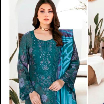 Teal Peacock Green Printed Raw Silk 3-Piece Suit Riwaj J-611