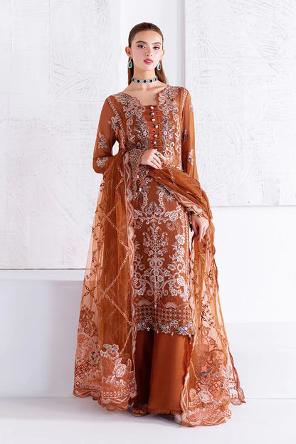 Rust Orange Embroidered Chiffon 3-Piece Suit | Organza Lace & Net Dupatta – Ready to Wear Pakistani Semi-Formal Dress UK | Arzoo U-208 - View 4