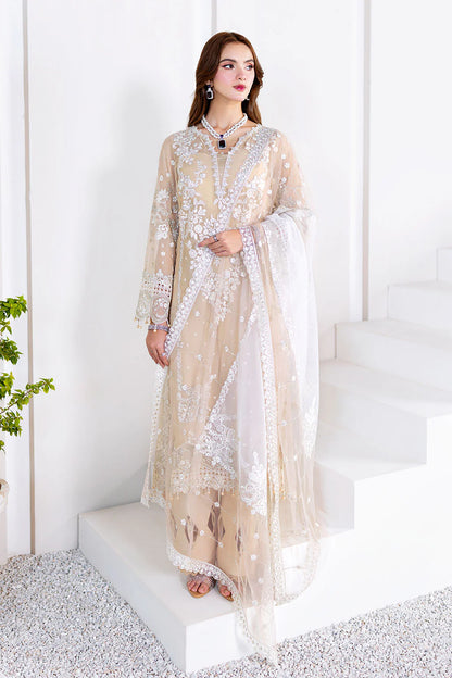 Beige Embroidered Chiffon 3-Piece Suit | Organza Lace & Net Dupatta – Readymade Pakistani Semi-Formal Dress UK | Arzoo U-201 - View 1