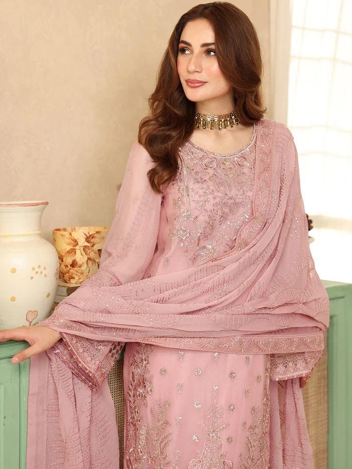 Pink Coral Chiffon 3-Piece Suit Sonehri BB-201