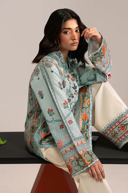 Aqua Blue Floral Printed Lawn 2-Piece Set | Kurta Shirt & Cream Trouser – Stitched Pakistani Everyday Casual Wear UK | Basic Prints AB-211 - View 3