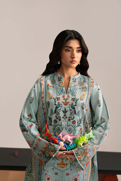 Aqua Blue Floral Printed Lawn 2-Piece Set | Kurta Shirt & Cream Trouser – Stitched Pakistani Everyday Casual Wear UK | Basic Prints AB-211 - View 5