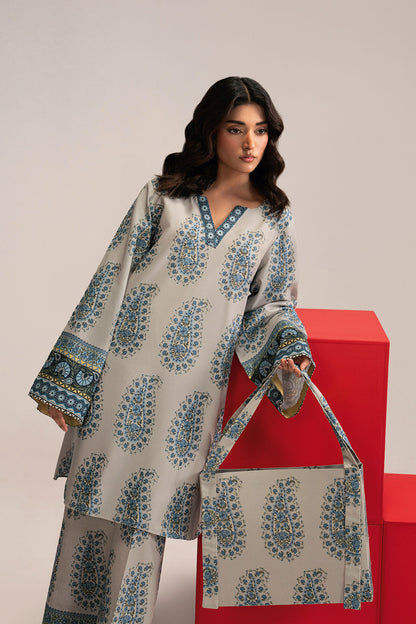 Grey Floral Printed Lawn 2-Piece Set | Kurta Shirt & Matching Trouser – Stitched Pakistani Everyday Casual Wear UK | Basic Prints AB-202 - View 4