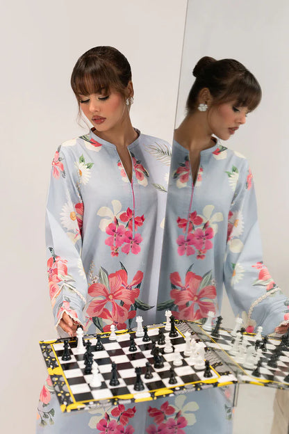 Sky Blue Floral Printed Lawn 2-Piece Set | Kurta Shirt & Matching Trouser – Readymade Pakistani Everyday Casual Wear UK | Basic Prints AB-204 - View 5