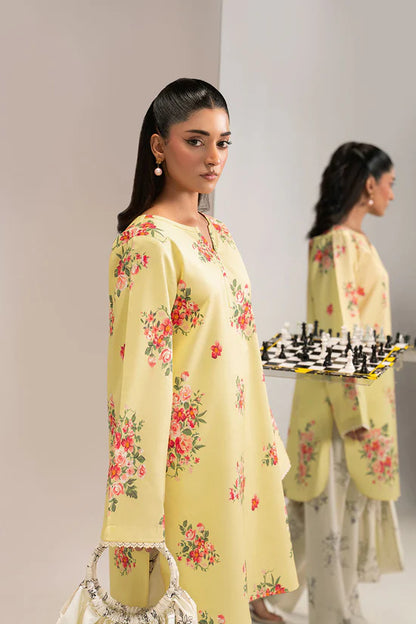 Yellow Floral Printed Lawn 2-Piece Set | Kurta Shirt & Cream Trouser – Ready to Wear Pakistani Everyday Casual Wear UK | Basic Prints AB-203 - View 2