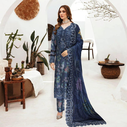 Blue Printed Raw Silk 3-Piece Suit Riwaj J-601