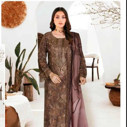 Mocha Coffee Brown Printed Raw Silk 3-Piece Suit Riwaj J-614