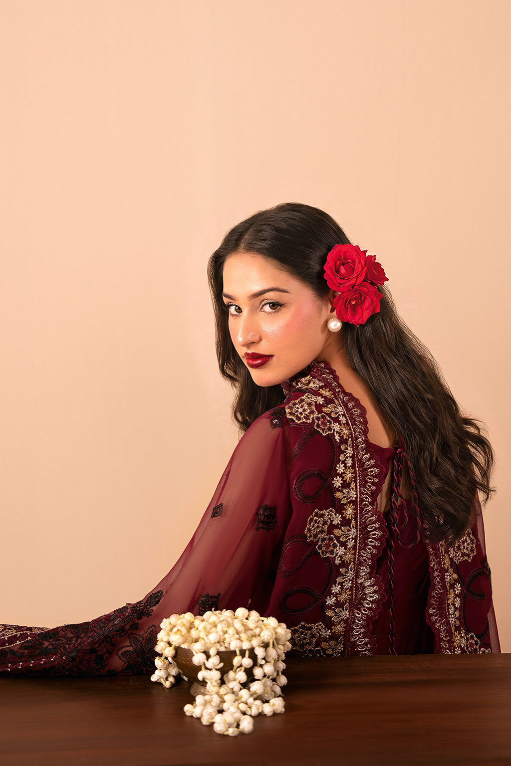 Deep Red Embroidered Chiffon 3-Piece Suit | Organza Border & Chiffon Dupatta – Stitched Pakistani Semi-Formal Dress UK | Dastak Vol 3 Q-303 - Image 3