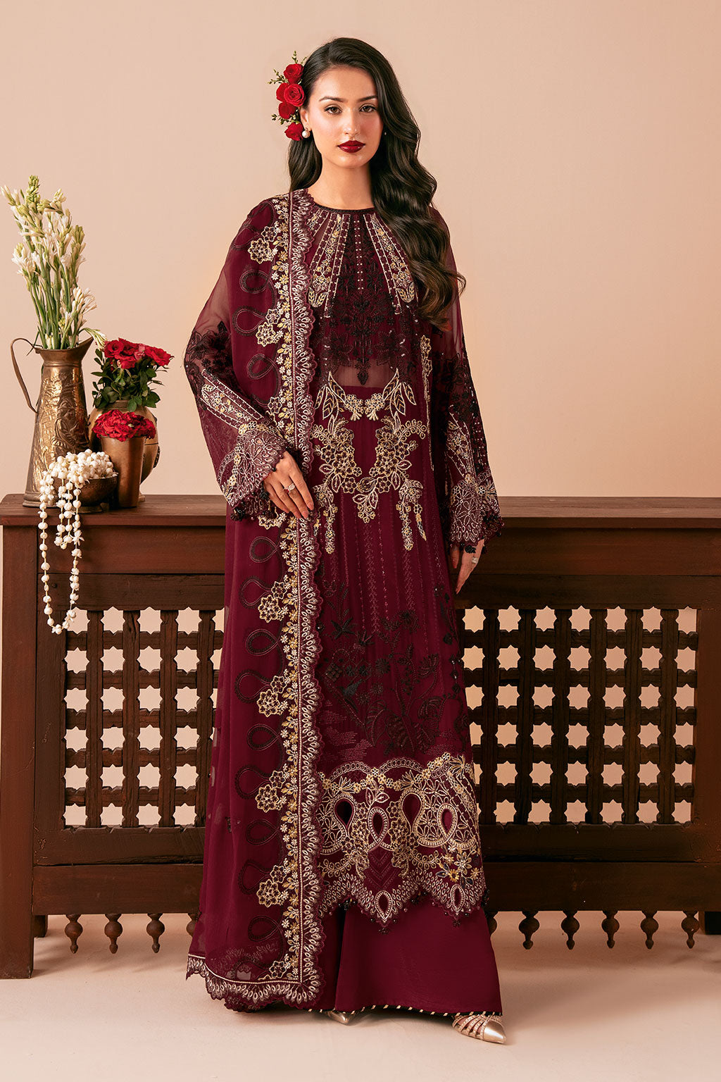 Deep Red Embroidered Chiffon 3-Piece Suit | Organza Border & Chiffon Dupatta – Stitched Pakistani Semi-Formal Dress UK | Dastak Vol 3 Q-303 - Image 10