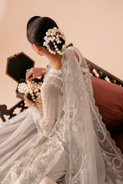 Ivory White Embroidered Chiffon 3-Piece Suit | Organza Border & Chiffon Dupatta – Stitched Pakistani Semi-Formal Dress UK | Dastak Vol 3 Q-302 - Image 9