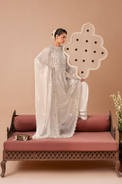 Ivory White Embroidered Chiffon 3-Piece Suit | Organza Border & Chiffon Dupatta – Stitched Pakistani Semi-Formal Dress UK | Dastak Vol 3 Q-302 - Image 4