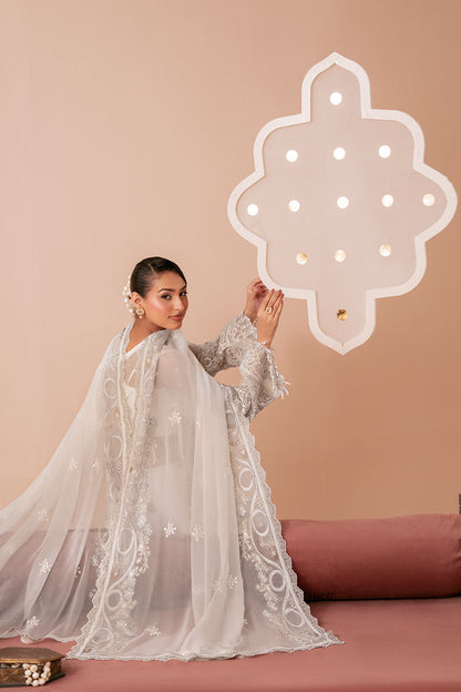 Ivory White Embroidered Chiffon 3-Piece Suit | Organza Border & Chiffon Dupatta – Stitched Pakistani Semi-Formal Dress UK | Dastak Vol 3 Q-302 - Image 5