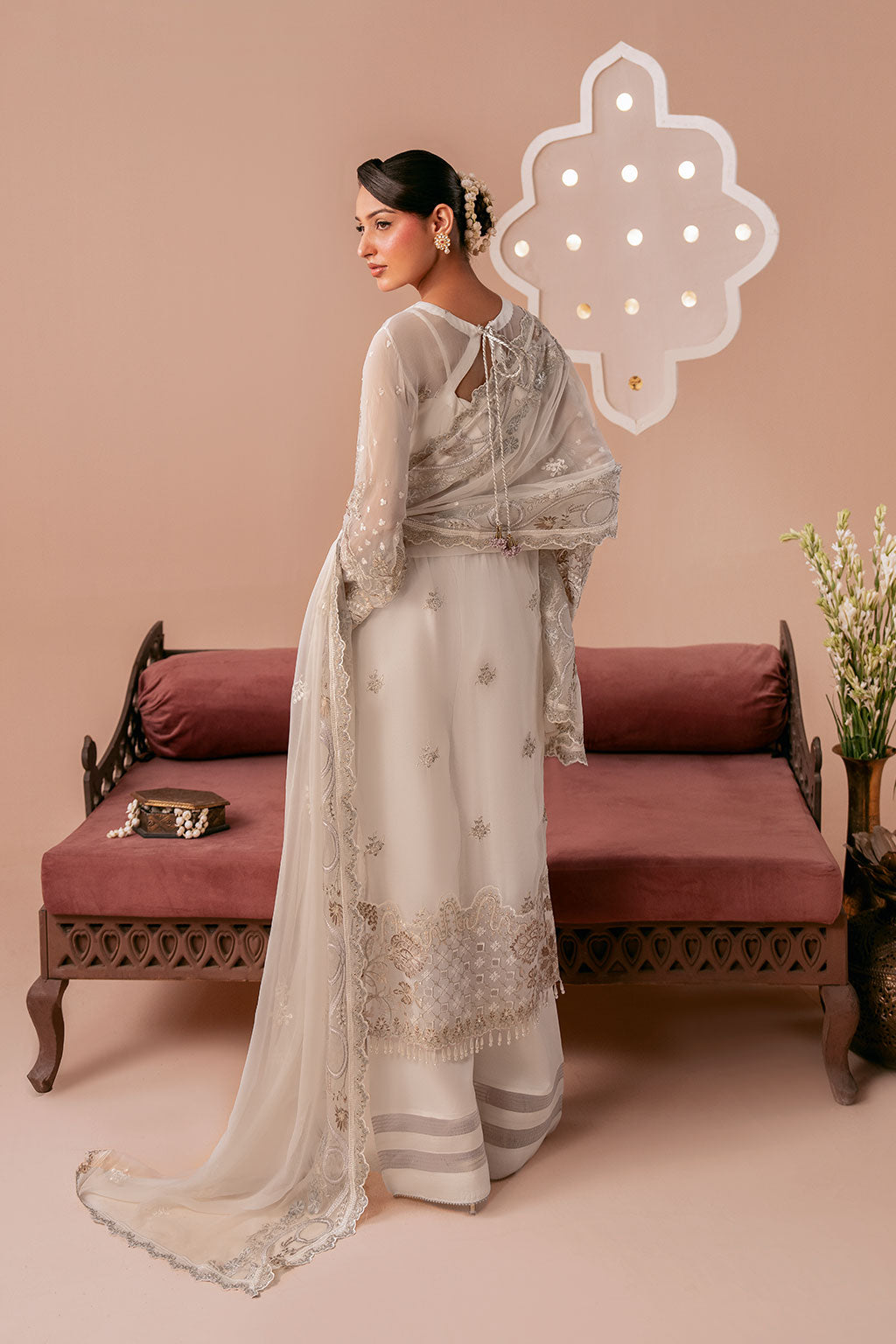 Ivory White Embroidered Chiffon 3-Piece Suit | Organza Border & Chiffon Dupatta – Stitched Pakistani Semi-Formal Dress UK | Dastak Vol 3 Q-302 - Image 2
