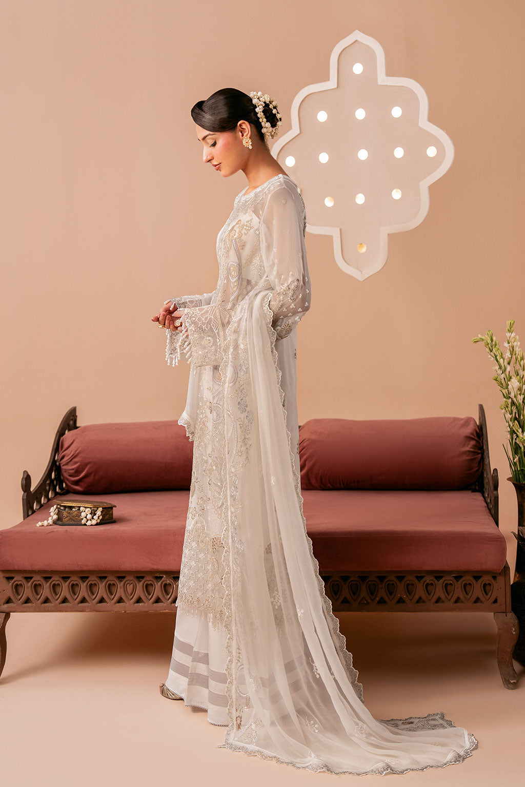 Ivory White Embroidered Chiffon 3-Piece Suit | Organza Border & Chiffon Dupatta – Stitched Pakistani Semi-Formal Dress UK | Dastak Vol 3 Q-302 - Image 6