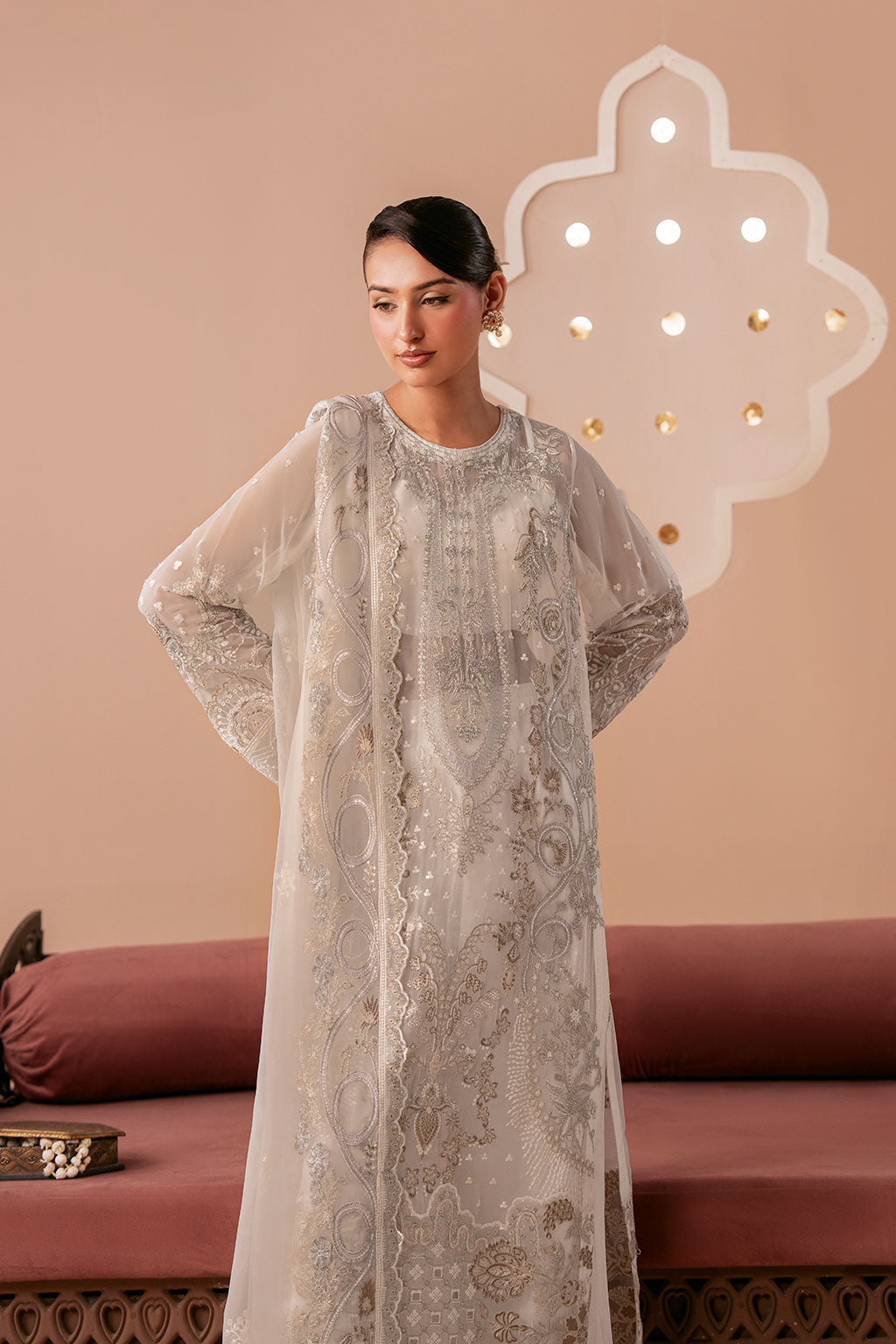 Ivory White Embroidered Chiffon 3-Piece Suit | Organza Border & Chiffon Dupatta – Stitched Pakistani Semi-Formal Dress UK | Dastak Vol 3 Q-302 - Image 8