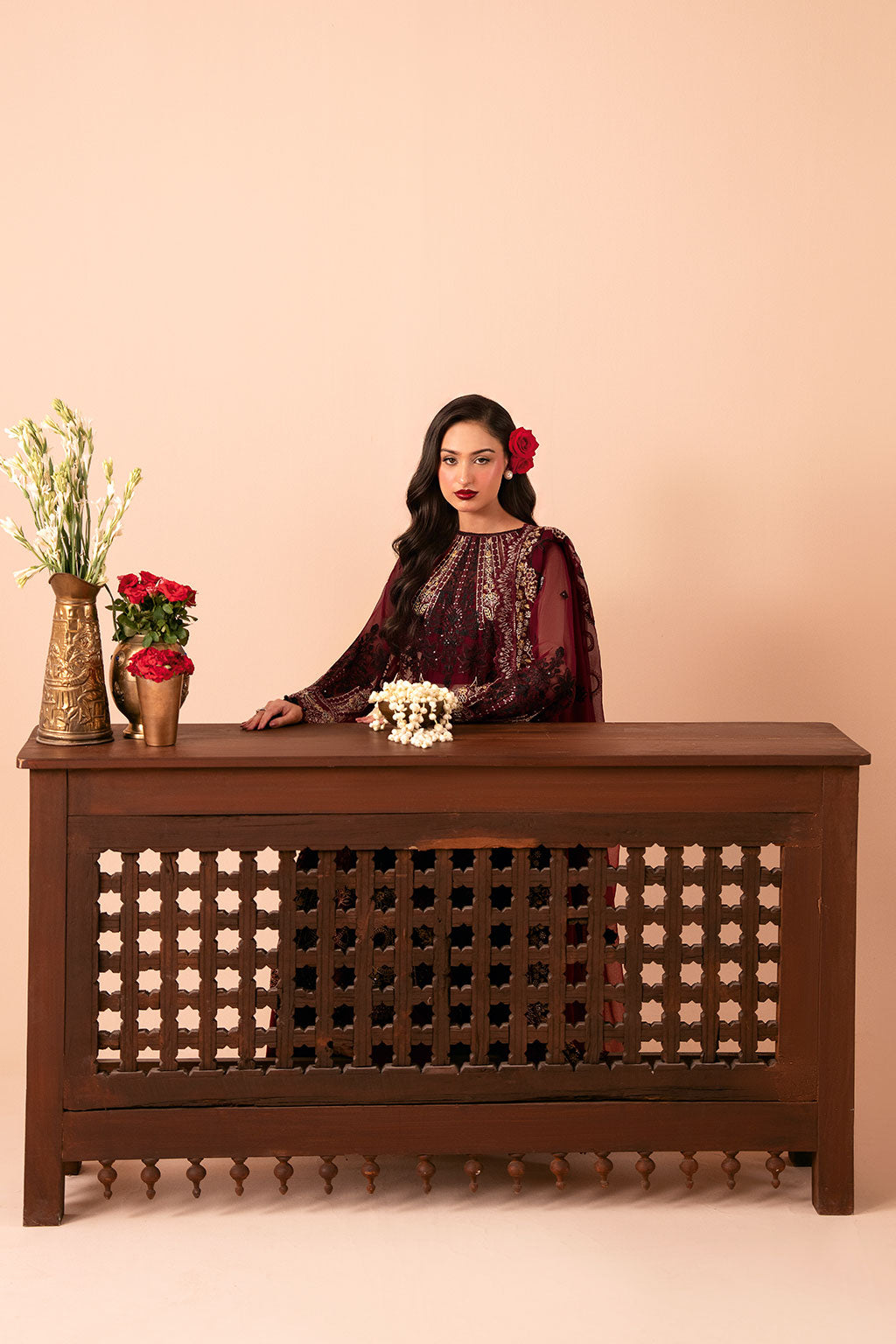 Deep Red Embroidered Chiffon 3-Piece Suit | Organza Border & Chiffon Dupatta – Stitched Pakistani Semi-Formal Dress UK | Dastak Vol 3 Q-303 - Image 4
