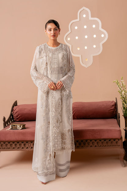 Ivory White Embroidered Chiffon 3-Piece Suit | Organza Border & Chiffon Dupatta – Stitched Pakistani Semi-Formal Dress UK | Dastak Vol 3 Q-302 - Image 1