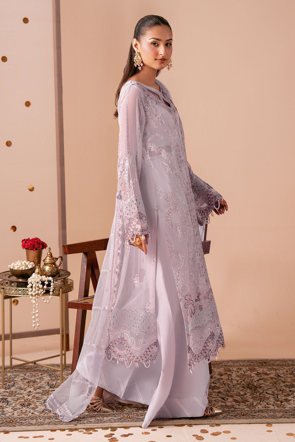 Lilac Embroidered Chiffon 3-Piece Suit | Organza Border & Chiffon Dupatta – Stitched Pakistani Semi-Formal Dress UK | Dastak Vol 3 Q-308 - Image 6