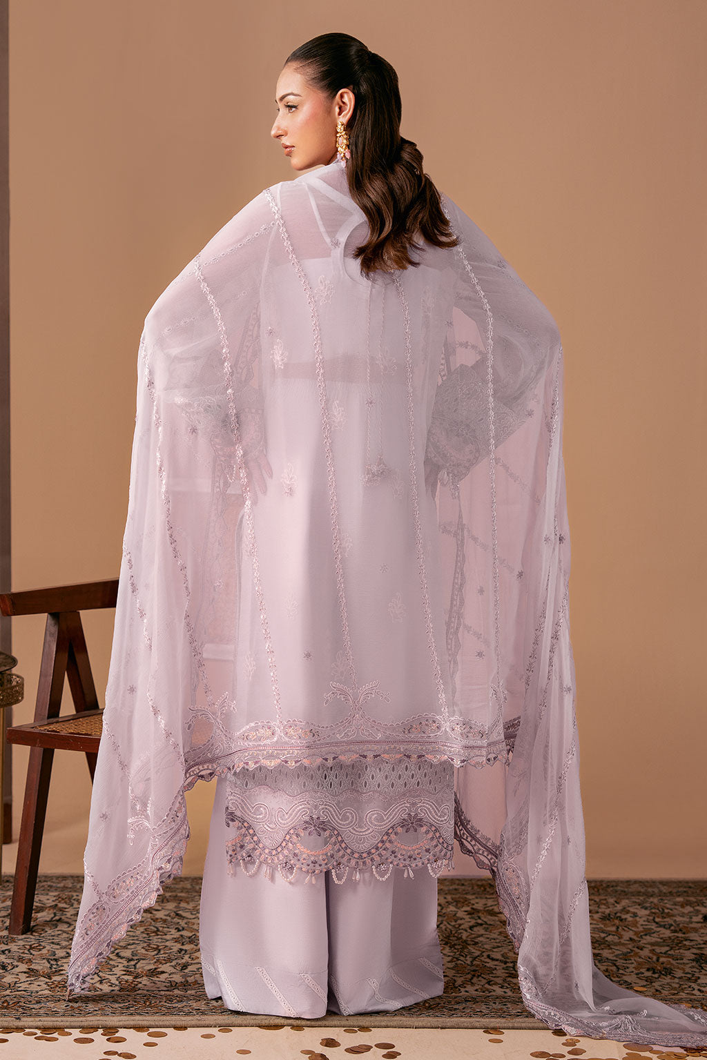 Lilac Embroidered Chiffon 3-Piece Suit | Organza Border & Chiffon Dupatta – Stitched Pakistani Semi-Formal Dress UK | Dastak Vol 3 Q-308 - Image 2