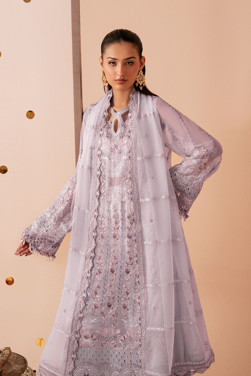 Lilac Embroidered Chiffon 3-Piece Suit | Organza Border & Chiffon Dupatta – Stitched Pakistani Semi-Formal Dress UK | Dastak Vol 3 Q-308 - Image 7