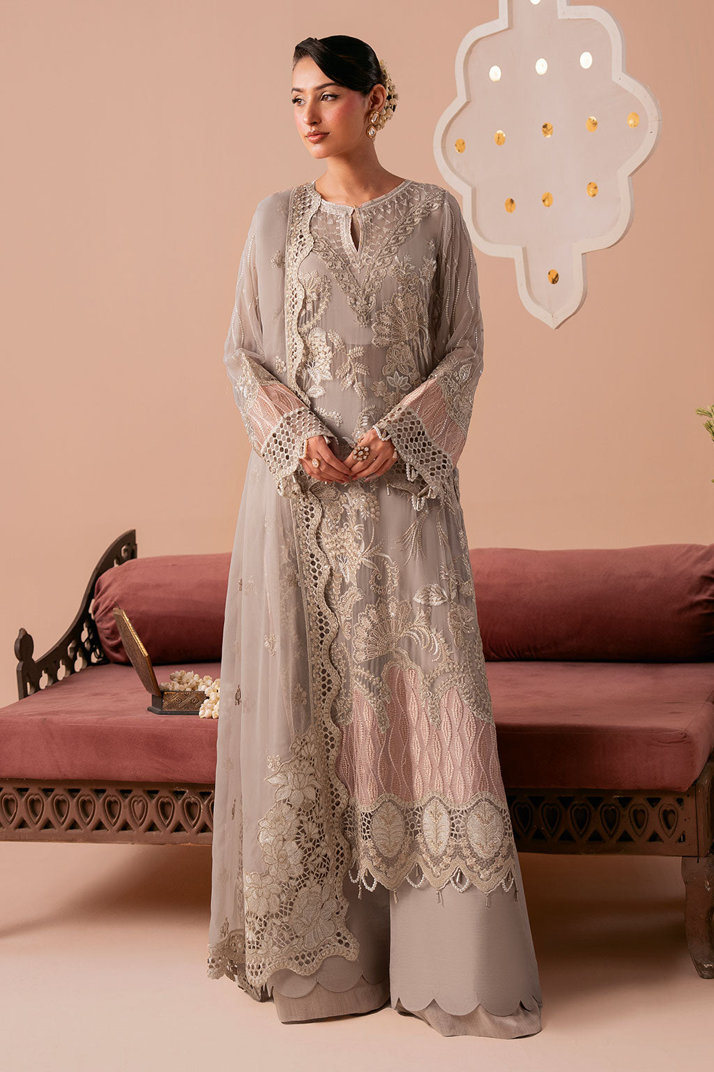 Light Brown Embroidered Chiffon 3-Piece Suit | Organza Border & Chiffon Dupatta – Stitched Pakistani Semi-Formal Dress UK | Dastak Vol 3 Q-304 - Image 1