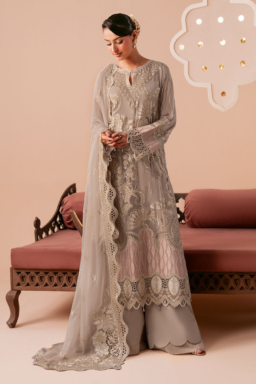 Light Brown Embroidered Chiffon 3-Piece Suit | Organza Border & Chiffon Dupatta – Stitched Pakistani Semi-Formal Dress UK | Dastak Vol 3 Q-304 - Image 7